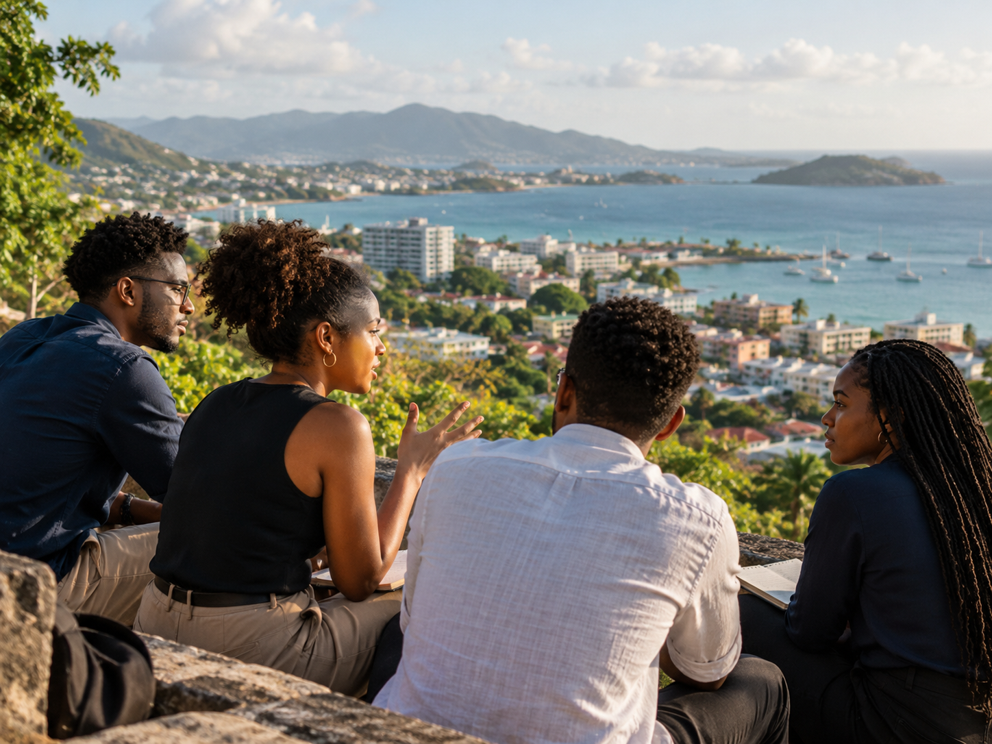 Jeunes Caribéens échangeant face à une ville côtière